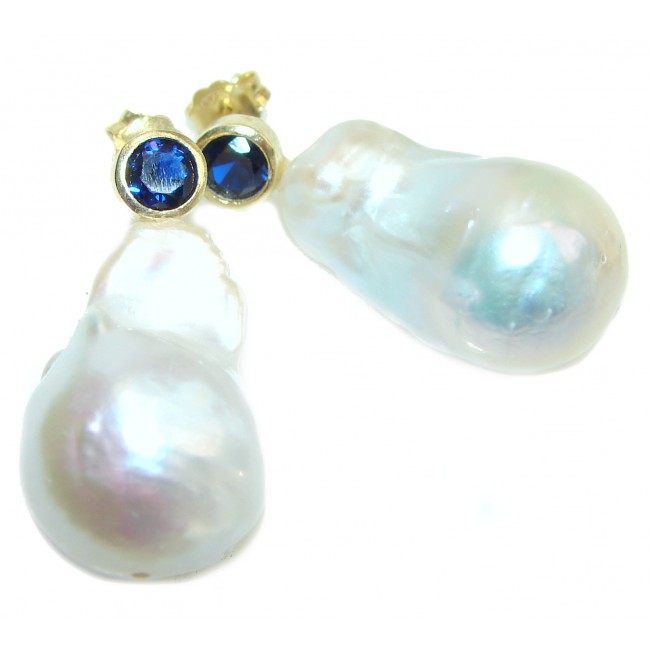 Precious Baroque Style genuine Mother of Pearl Sapphire 24K Gold over .925 Sterling Silver earrings
