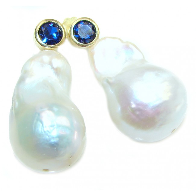 Precious Baroque Style genuine Mother of Pearl Sapphire 24K Gold over .925 Sterling Silver earrings