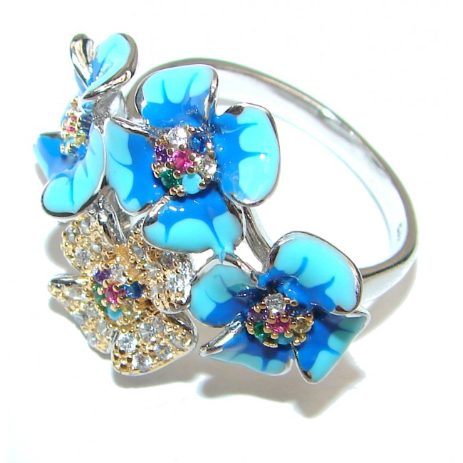Elegant Enamel Blue Flower .925 Sterling Silver Ring s. 9
