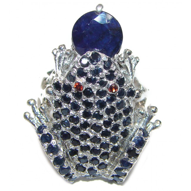 Large Frog Genuine Sapphire .925 Sterling Silver handcrafted Statement Ring size 9