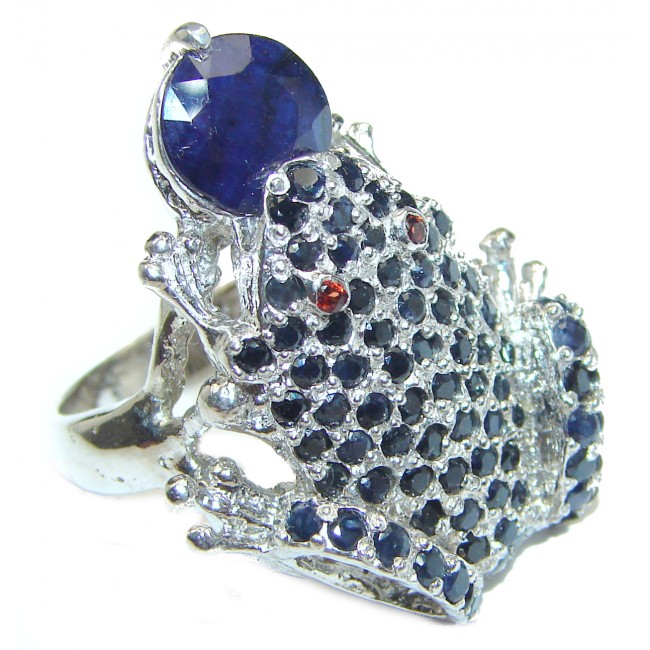 Large Frog Genuine Sapphire .925 Sterling Silver handcrafted Statement Ring size 9