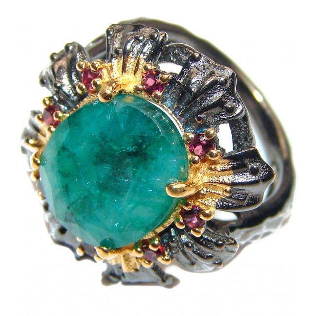 Victorian Style Emerald & Garnet 14K Gold over .925 Sterling Silver Ring s. 7 1/4