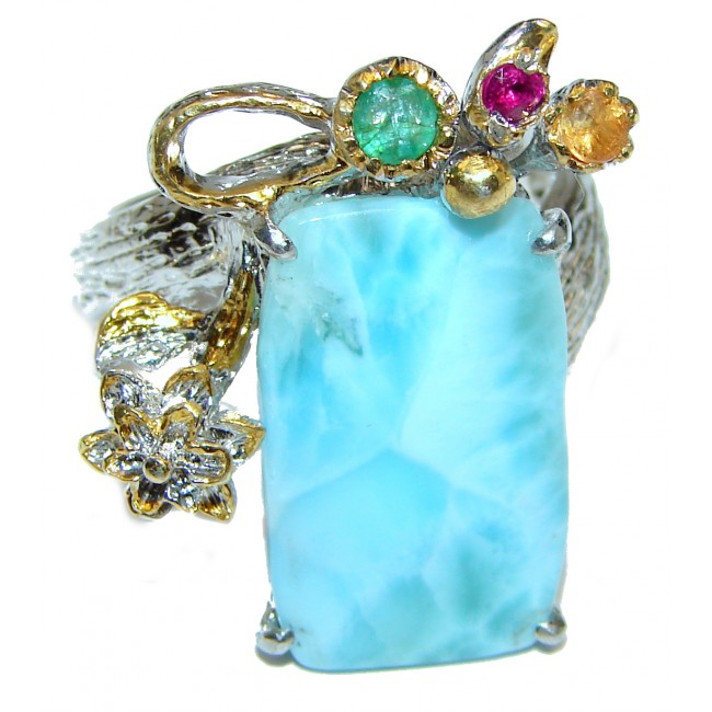 Real Beauty Natural Larimar Ruby Emerald .925 Sterling Silver handcrafted Large Ring s. 10 1/4