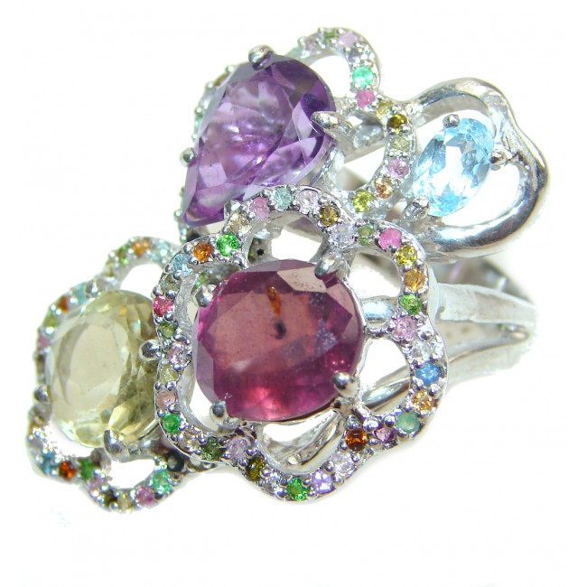 Fancy Bouquet Large Multigem .925 Sterling Silver handcrafted ring size 8