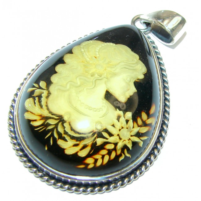 Vintage Design Cameo Baltic Amber .925 Sterling Silver handmade Pendant