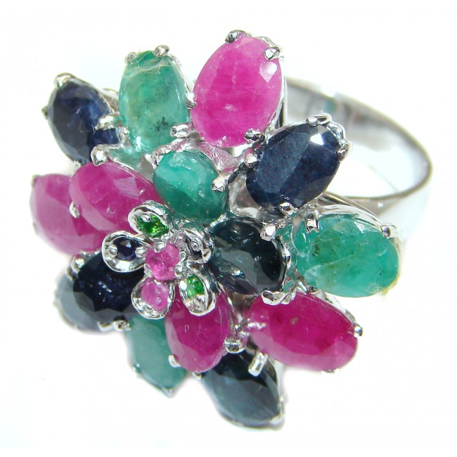 Vintage Beauty genuine Ruby Emerald Sapphire .925 Sterling Silver Statement handcrafted ring; s. 8