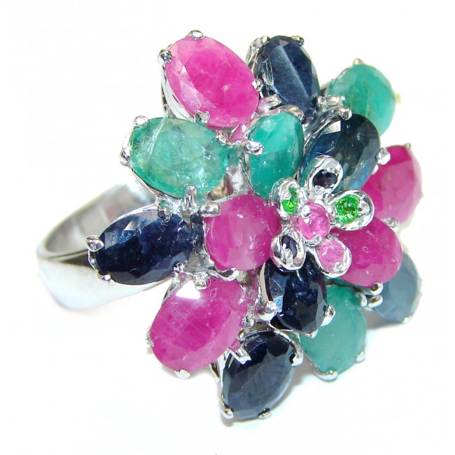 Vintage Beauty genuine Ruby Emerald Sapphire .925 Sterling Silver Statement handcrafted ring; s. 8