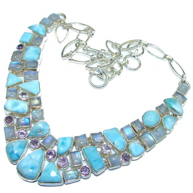 Large Cielito Lindo Chunky Larimar Moonstone .925 Sterling Silver handcrafted necklace