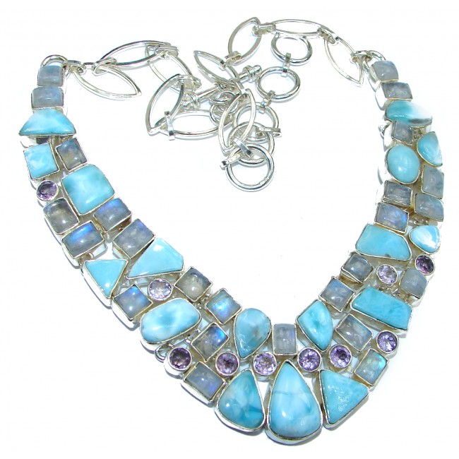 Large Cielito Lindo Chunky Larimar Moonstone .925 Sterling Silver handcrafted necklace