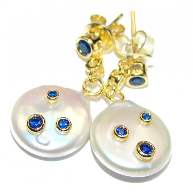 Precious genuine Mother of Pearl Sapphire 24K Gold over .925 Sterling Silver earrings