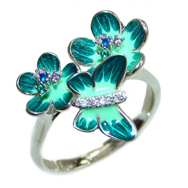 Elegant Enamel Green Flower .925 Sterling Silver Ring s. 9