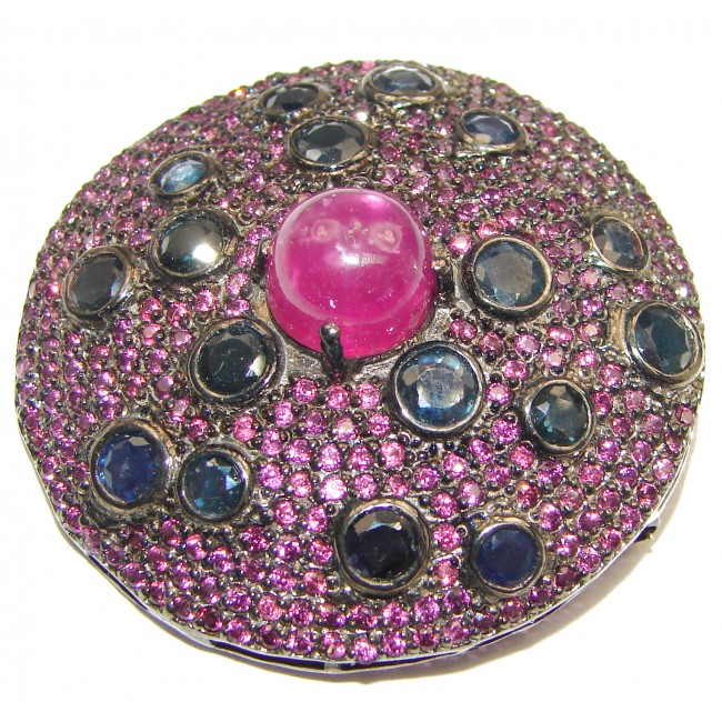 Large genuine Ruby Sapphire black rhodium .925 Sterling Silver handmade Pendant - Brooch