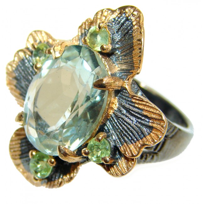 Natural Green Amethyst 14k Gold over .925 Sterling Silver handmade Cocktail Ring s. 7