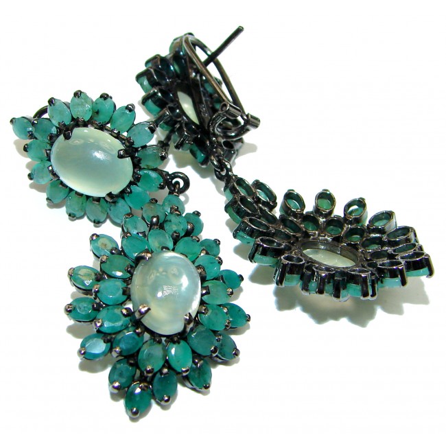 Incredible Authentic Prehnite Emerald black rhodium over .925 Sterling Silver handmade LARGE earrings
