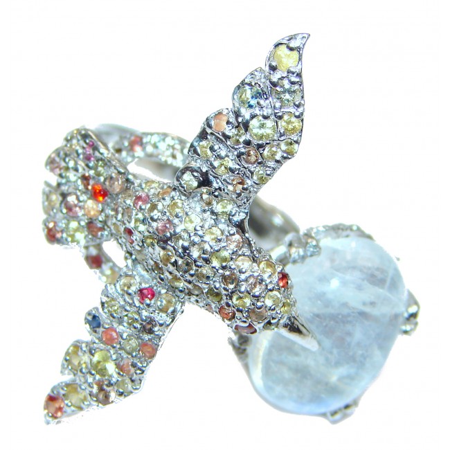 Hummingbird genuine Tourmaline Moonstone .925 Sterling Silver handmade Ring size 7 3/4