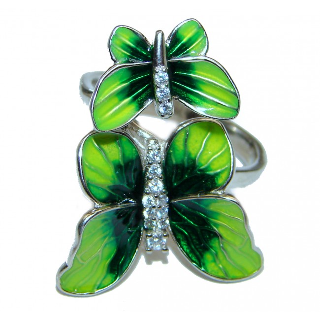 Elegant Enamel Green Butterflies .925 Sterling Silver Ring s. 7 1/2