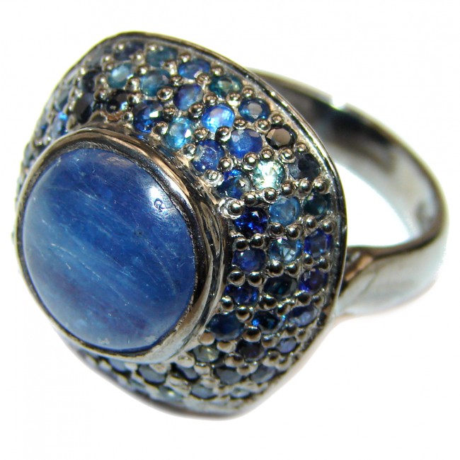 Large Genuine Kyanite Sapphire Black rhodium over .925 Sterling Silver handcrafted Statement Ring size 8 1/2