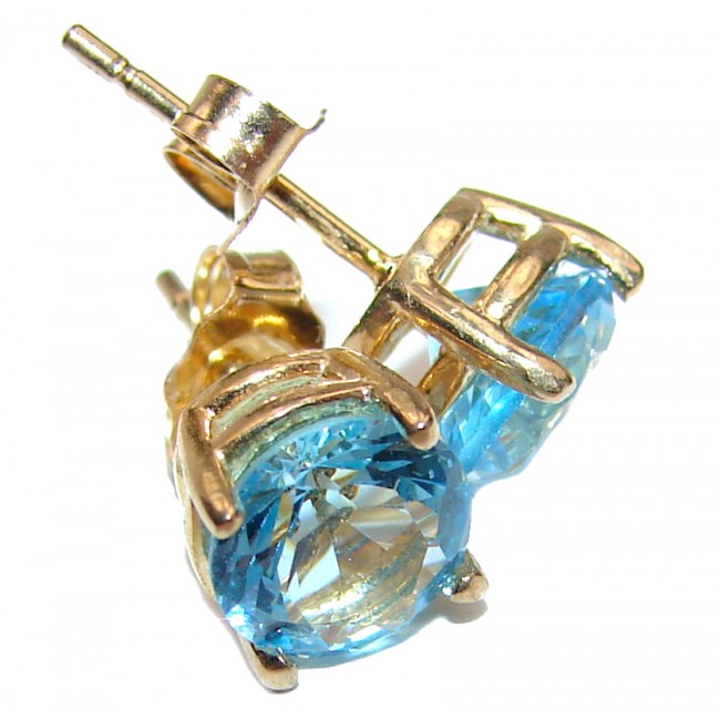 Deluxe genuine Swiss Blue Topaz 6 mm real 14K Gold stud earrings