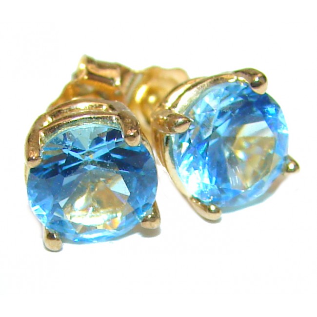 Deluxe genuine Swiss Blue Topaz 6 mm real 14K Gold stud earrings