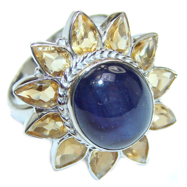 Large Genuine Sapphire Citrine .925 Sterling Silver handcrafted Statement Ring size 8 3/4