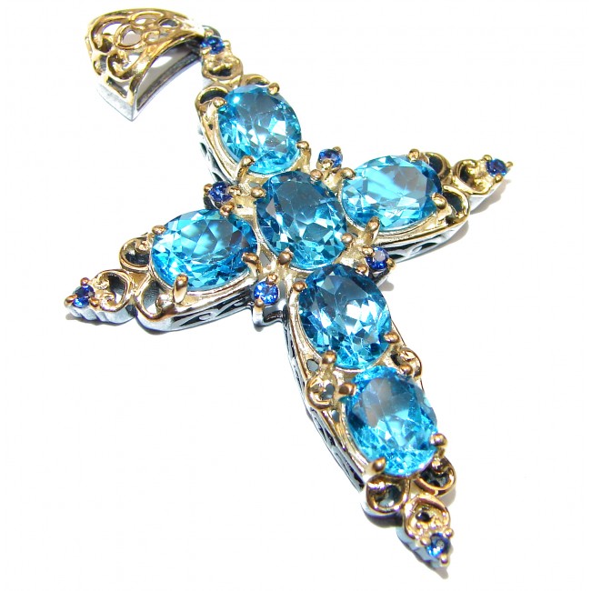 Victorian Style Holy Cross genuine London Blue Topaz 24K Gold over .925 Sterling Silver handmade pendant