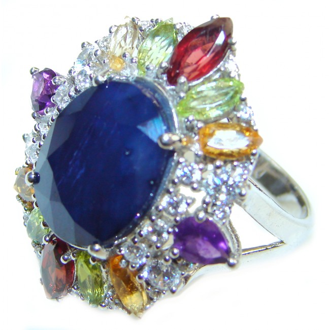 Large Genuine Sapphire Citrine .925 Sterling Silver handcrafted Statement Ring size 8 1/4