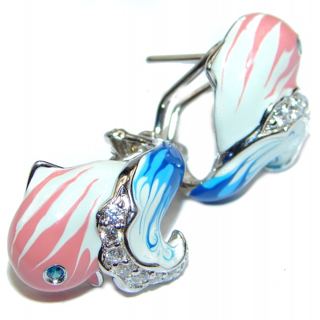 Genuine Enamel Pink Dolphin .925 Sterling Silver handcrafted Earrings