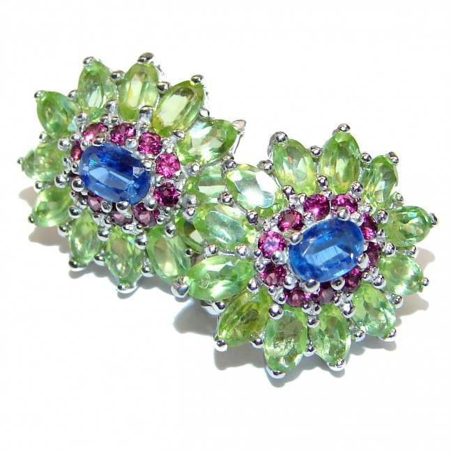 Floral Design Kyanite Garnet Peridot .925 Sterling Silver handcrafted earrings