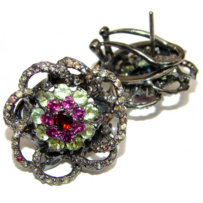Fabulous multicolor Garnet Peridot Rhodium over .925 Sterling Silver handcrafted stud earrings