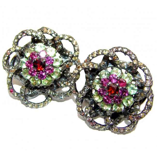 Fabulous multicolor Garnet Peridot Rhodium over .925 Sterling Silver handcrafted stud earrings