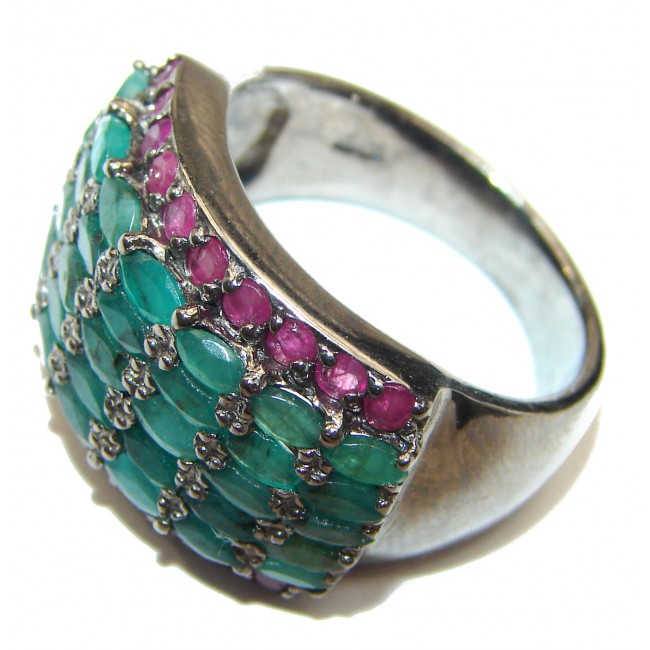 Posh Genuine Emerald Ruby .925 Sterling Silver handcrafted Statement Ring size 9