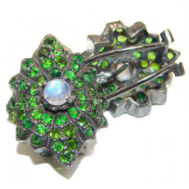 Fabulous Rainbow Moonstone & Chrome Diopside black rhodium over .925 Sterling Silver handcrafted stud earrings