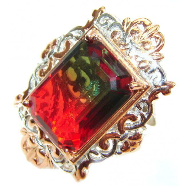 HUGE Emerald cut Watermelon Tourmaline 18k Gold over .925 Sterling Silver handcrafted Ring s. 8