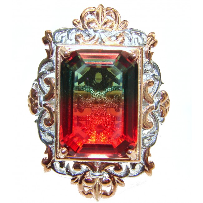 HUGE Emerald cut Watermelon Tourmaline 18k Gold over .925 Sterling Silver handcrafted Ring s. 8