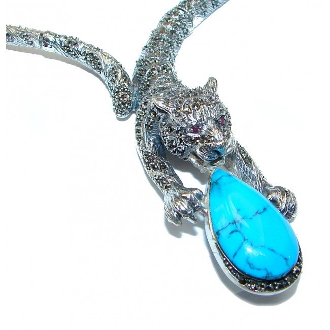 Chic Cheetah Style Turquoise Marcasite .925 Sterling Silver Large statement necklace