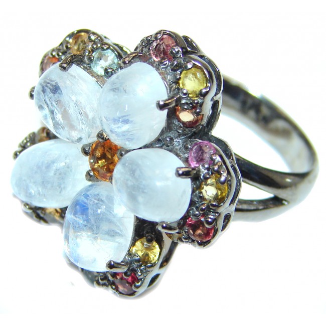 Angelica Rainbow Moonstone Ruby Black rhodium over .925 Sterling Silver handmade Ring size 8 3/4
