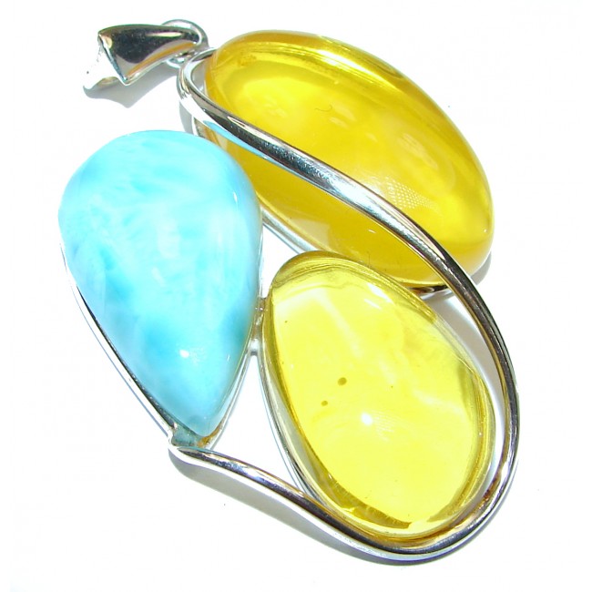 Perfct together Natural Baltic Butterscotch Amber Larimar .925 Sterling Silver handmade Pendant