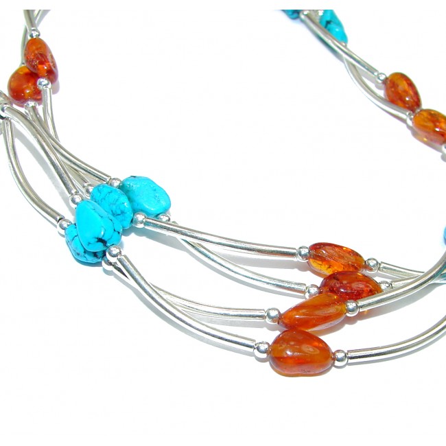 Natural Polish Amber Turquoise .925 Sterling Silver handcrafted necklace