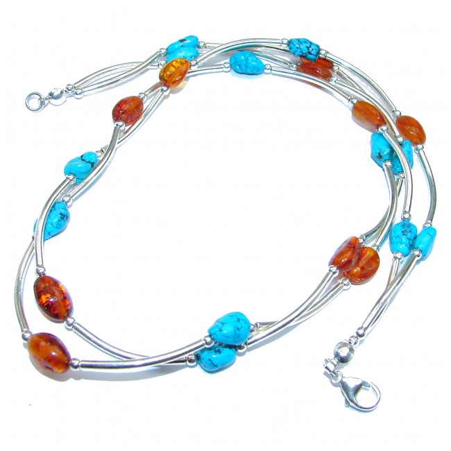 Natural Polish Amber Turquoise .925 Sterling Silver handcrafted necklace