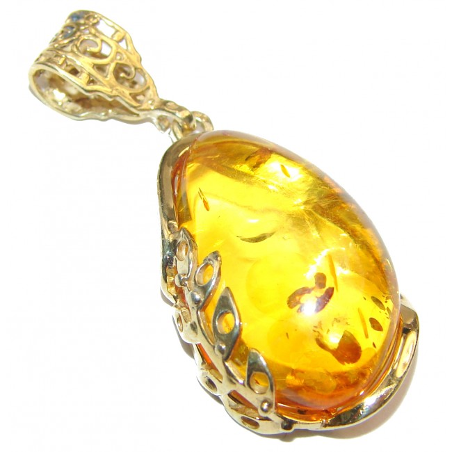 Natural Honey color Baltic Amber 18K Gold over .925 Sterling Silver handmade Pendant