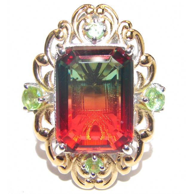 HUGE Emerald cut Watermelon Tourmaline color Topaz 18 K Gold over .925 Sterling Silver handcrafted Ring s. 8 3/4