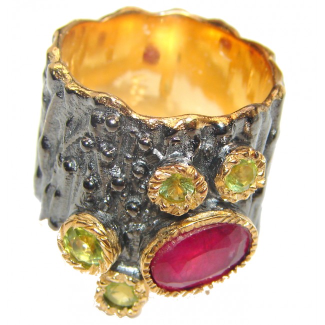 Genuine Ruby 18K Gold .925 Sterling Silver handcrafted Statement Ring size 7 1/2