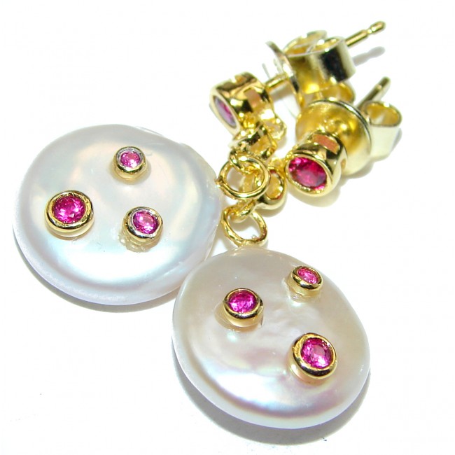 Precious genuine Mother of Pearl Ruby 24K Gold over .925 Sterling Silver earrings