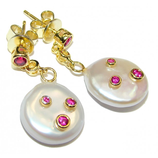Precious genuine Mother of Pearl Ruby 24K Gold over .925 Sterling Silver earrings