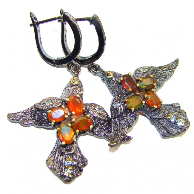Dazzling natural Precious Mexican Fire Opal black rhodium over .925 handcrafted earrings