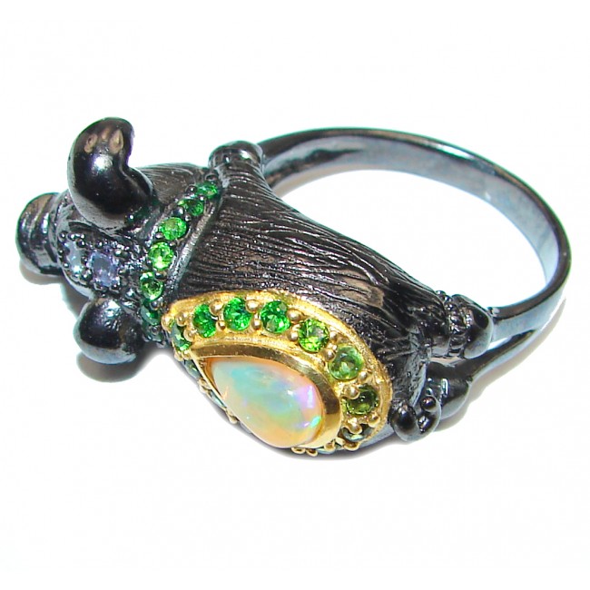 Lucky Pig Ethiopian Opal black rhodium over .925 Sterling Silver handcrafted ring size 9