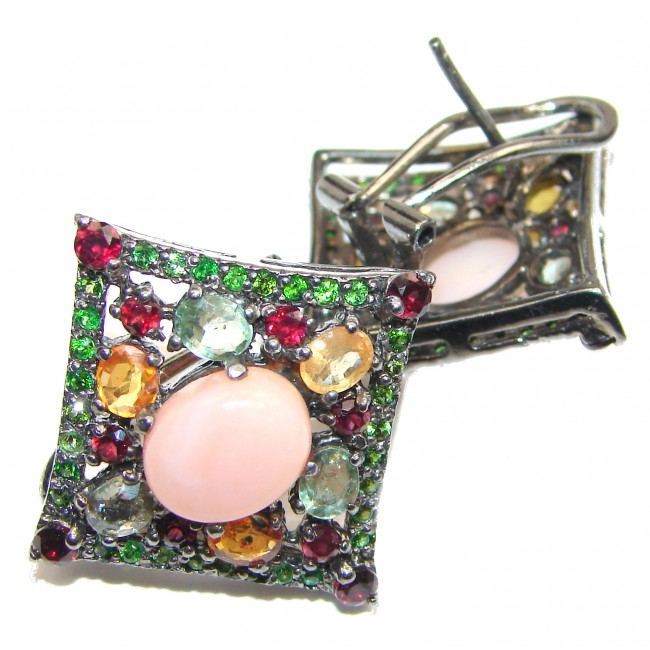 Pink Opal Sapphire black rhodium over .925 Sterling Silver entirely handmade earrings