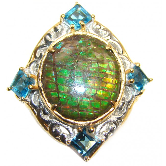 Genuine Canadian Ammolite 18K Gold over .925 Sterling Silver handmade ring size 7 1/4