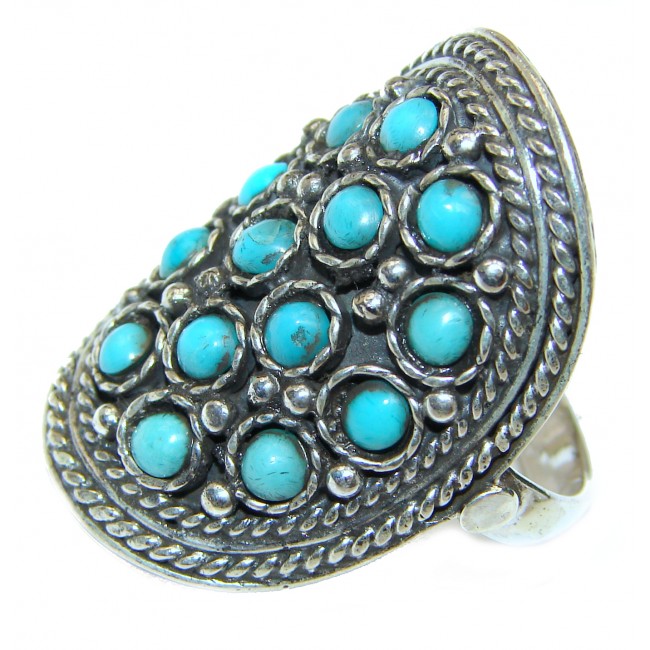 Huge Green Turquoise .925 Sterling Silver handcrafted ring; s. 9 1/4