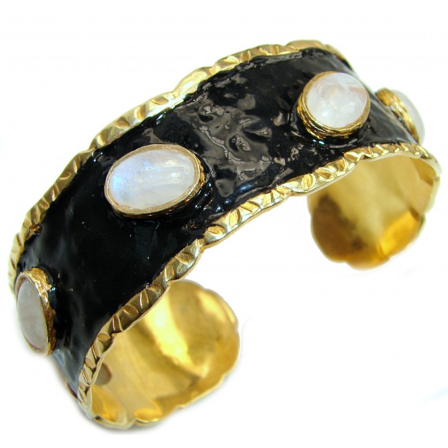 Stunning Authentic Fire Moonstone Nacre 18K Gold over .925 Sterling Silver handcrafted Statement Bracelet / Cuff